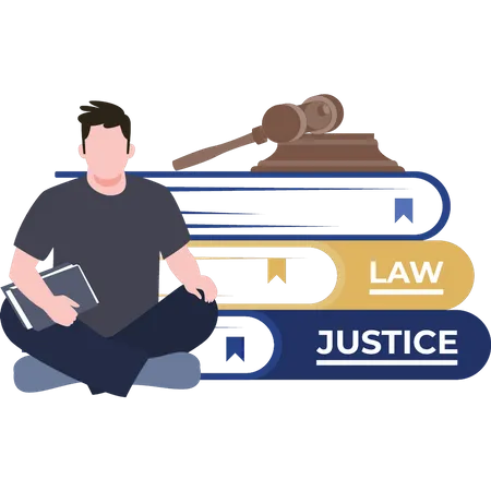 Male lawyer is sitting next to the law books  Illustration