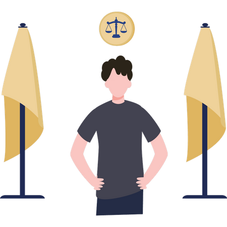 Male lawyer stands in the middle of the court flags  Illustration