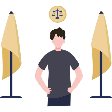 Male lawyer stands in the middle of the court flags  Illustration