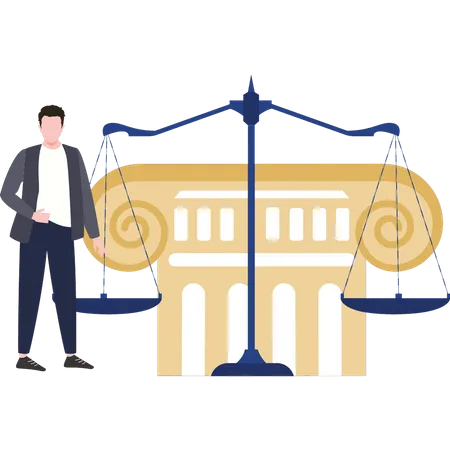 Male lawyer stands near the scale of justice Illustration
