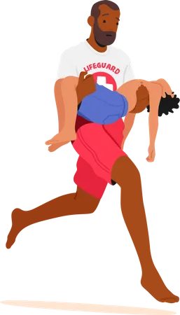 Male Lifeguard Carrying Unconscious Boy in Arms  Illustration