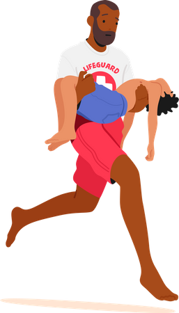 Male Lifeguard Carrying Unconscious Boy in Arms  Illustration