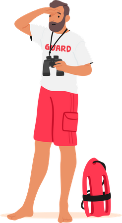 Male Lifeguard Scanning With Binoculars For Potential Dangers And Emergencies  Illustration
