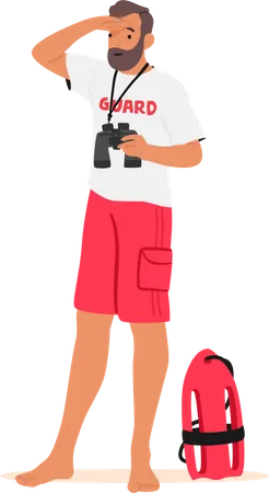 Male Lifeguard Scanning With Binoculars For Potential Dangers And Emergencies  Illustration