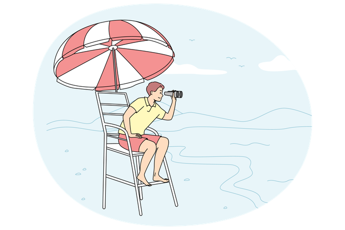 Male lifeguard sitting on chair on beach looking in binoculars  Illustration