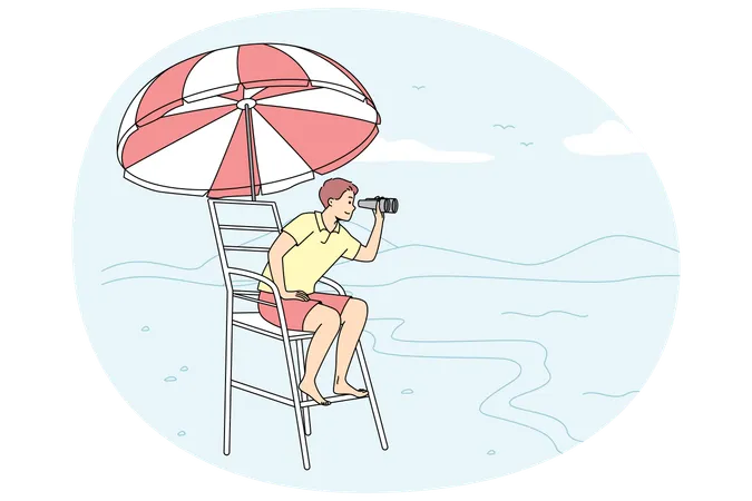 Male lifeguard sitting on chair on beach looking in binoculars  Illustration