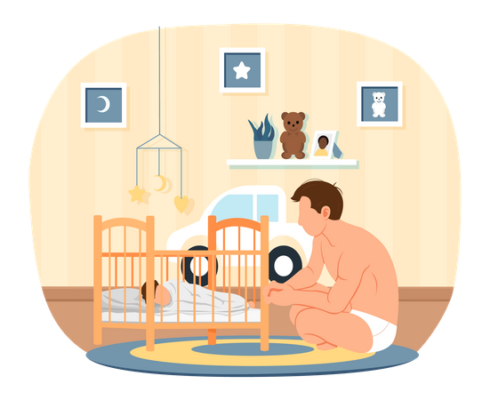 Male looking at his little son in cradle  Illustration