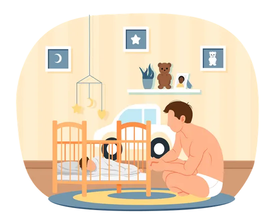 Male looking at his little son in cradle Illustration
