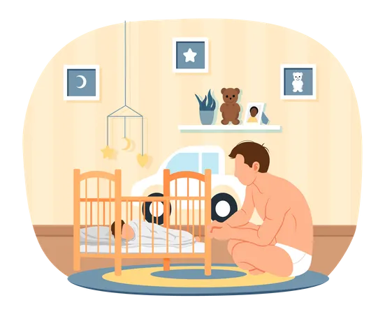 Male looking at his little son in cradle  Illustration