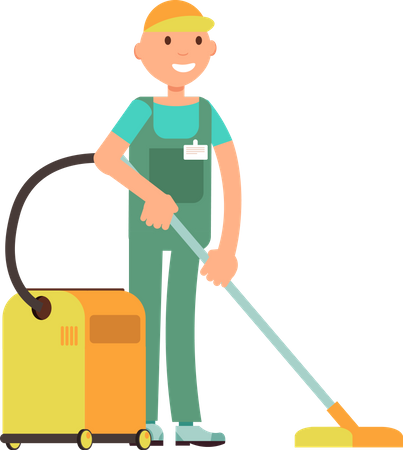 Male maid vacuuming floor Illustration