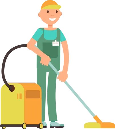 Male maid vacuuming floor Illustration