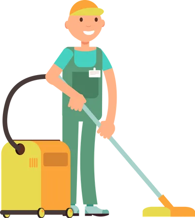 Male maid vacuuming floor  Illustration