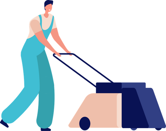 Male maid with grass cutting machine  イラスト