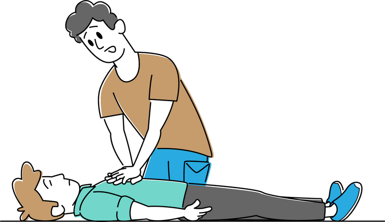 Male Making Heart Massage to Man Lying on Floor Illustration