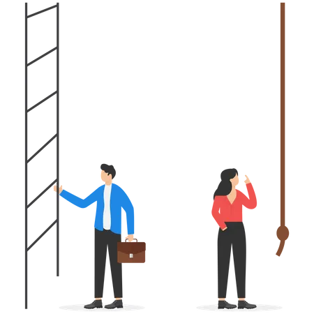 Male Manager Going To Climb A Ladder Meanwhile The Female Manager Has Just A Rope Instead Of Stairs Gender Gap And Career Problems Concept Vector Illustration Illustration