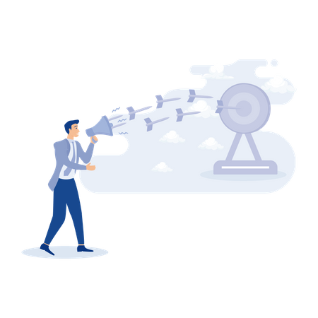Male marketer talk on megaphone with archer hit target bulls eye  Illustration