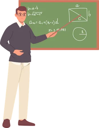 Skilled Male Math Teacher Character Standing At School Classroom Blackboard Holding Pointer And Teaching Mathematics Lesson Vector Illustration Isolated On White Background Education And Live Lecture Illustration