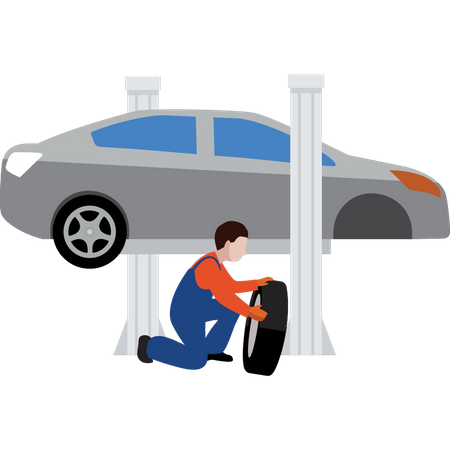 Male mechanic changing car tire  Illustration