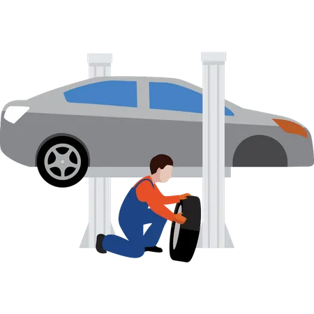 Male mechanic changing car tire  Illustration