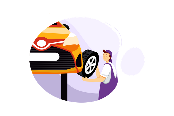 Male mechanic changing tyre of car Illustration