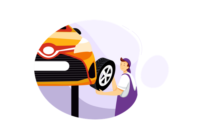 Male mechanic changing tyre of car  Illustration