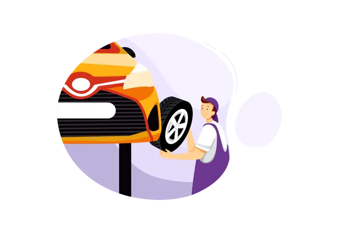 Male mechanic changing tyre of car  Illustration