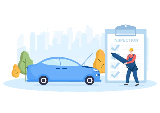 Car Inspection Of The Station Detects Faults Draws Up A Checklist Of All Breakdowns Repair And Analysis Transport In Flat Cartoon Illustration Illustration