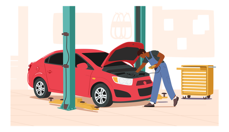 Male mechanic fixing car engine  Illustration