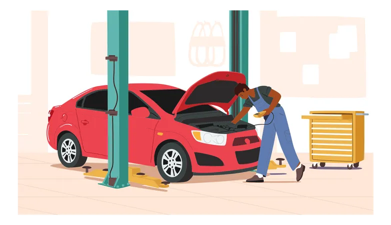 Male mechanic fixing car engine  Illustration