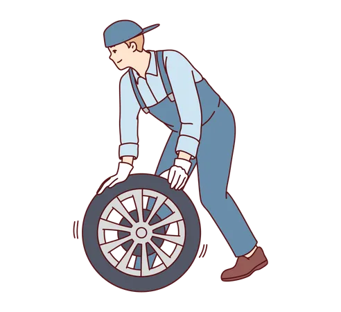 Male mechanic repairing tire Illustration