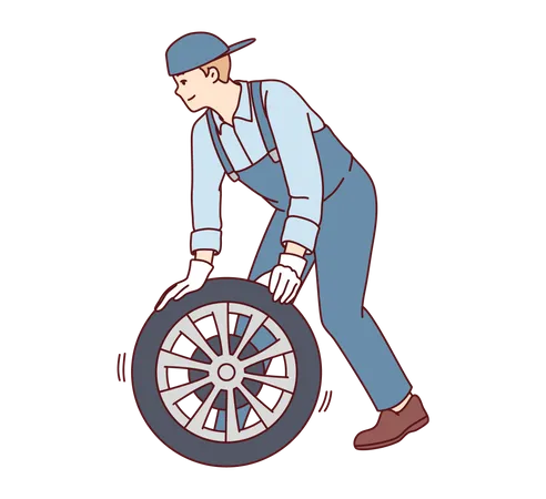 Male mechanic repairing tire  Illustration