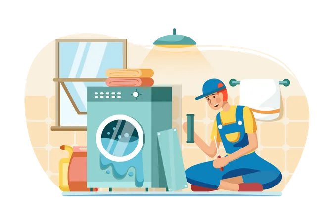 Male mechanic repairing washing machine Illustration