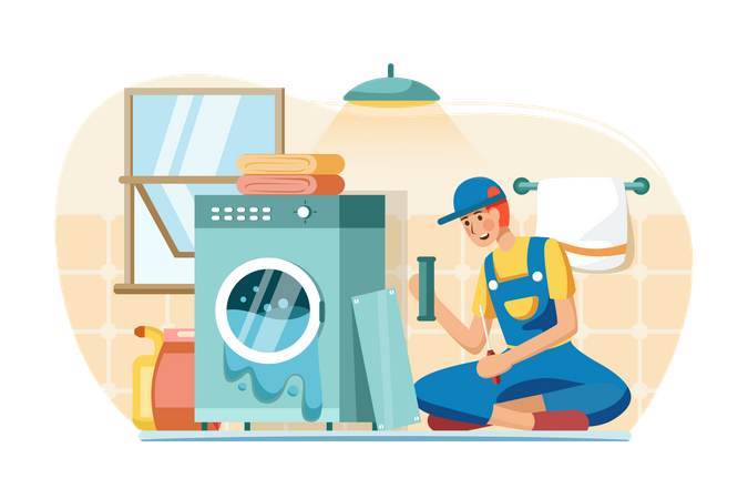 Male mechanic repairing washing machine  Illustration