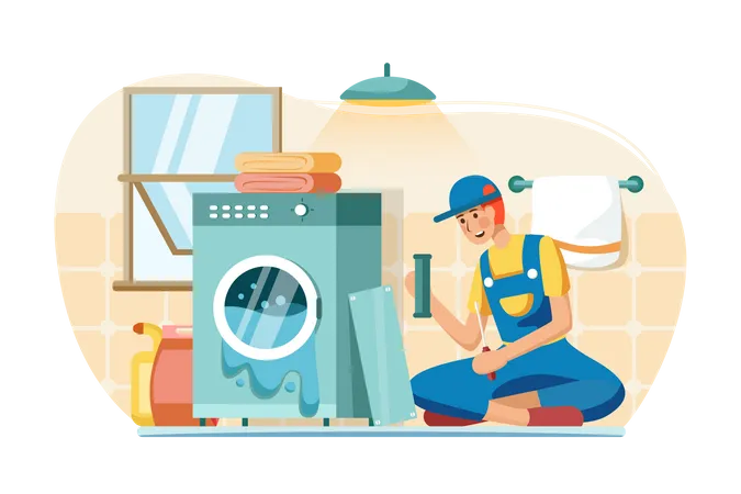 Male mechanic repairing washing machine  Illustration