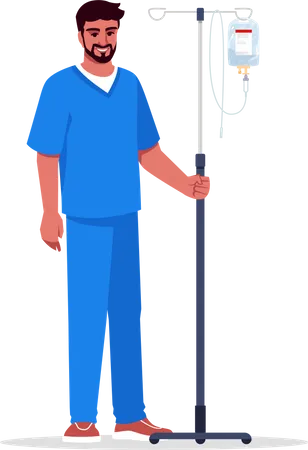 Male Nurse Semi Flat RGB Color Vector Illustration Medical Staff Male Health Professional Young Latino Doctor With Intravenous Pole Isolated Cartoon Character On White Background Illustration