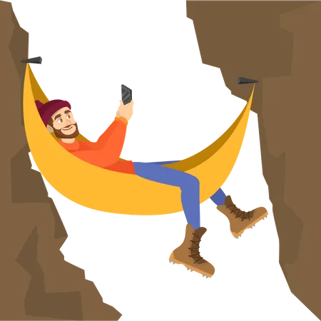 Male mountain climber resting in the hammock Illustration