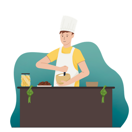 Male muslim chef cooking food in kitchen Illustration