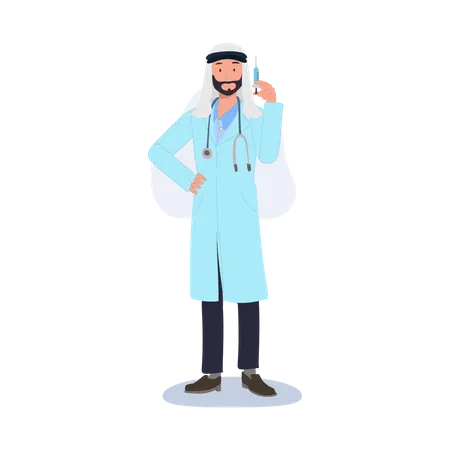 Male Muslim And Arab Doctor Character With Syringe Hospital Worker And Medical Staff Illustration