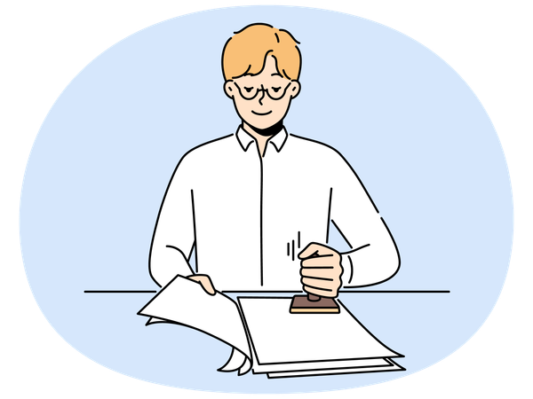 Male notary stamp documents in office  Illustration