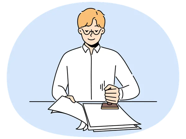 Male notary stamp documents in office  Illustration