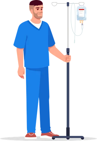 Male Nurse Semi Flat RGB Color Vector Illustration Hospital Personnel With Equipment Male Medical Worker Young Caucasian Doctor With Intravenous Pole Isolated Cartoon Character On White Background Illustration
