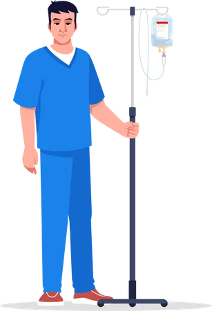 Male Nurse Semi Flat RGB Color Vector Illustration Hospital Personnel Clinic Staff Male Medical Worker Young Asian Doctor With Intravenous Pole Isolated Cartoon Character On White Background Illustration