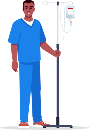 Male Nurse Semi Flat RGB Color Vector Illustration Hospital Personnel Male Medical Worker Young Afro American Doctor With Intravenous Pole Isolated Cartoon Character On White Background Illustration
