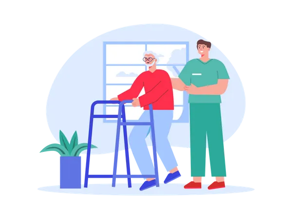 Male nurse helping aged man  Illustration