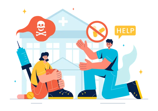 Male Nurse Helping Drug addicted Patient in Drug Rehab Center  Illustration