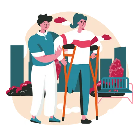 Male nurse helping Handicapped woman walks on crutches Illustration