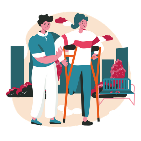 Male nurse helping Handicapped woman walks on crutches  Illustration