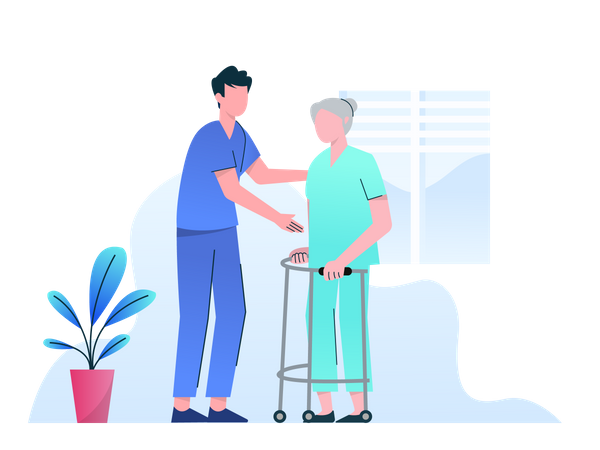 Male nurse helping old aged woman  Illustration