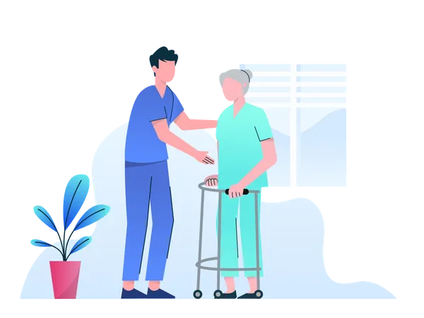 Male nurse helping old aged woman  Illustration