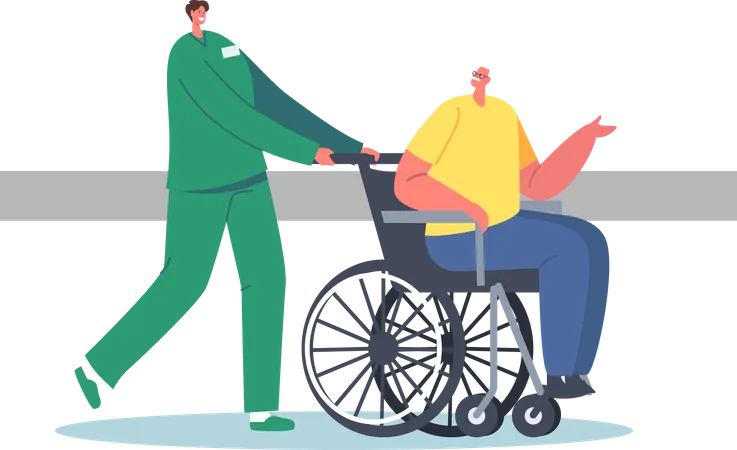 Male nurse helping old disabled man  Illustration